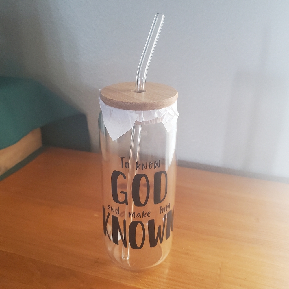 Drinking Glass with Straw 16oz Bamboo Lid To Know God And Make Him Known